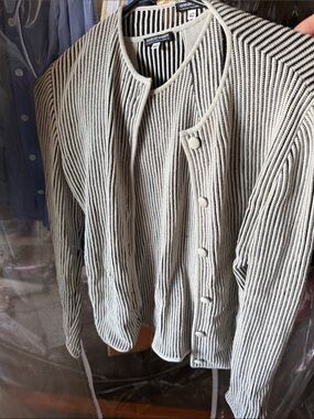 Giorgio Armani Black and Cream Striped Ribbed Knit Cardigan w/ matching tank top